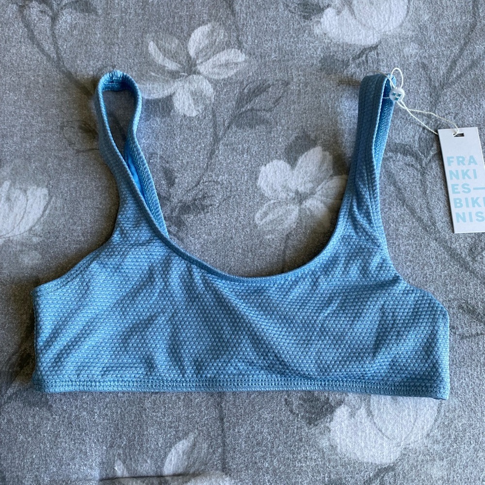 Frankie’s bikinis glittery baby blue top size small. Nwt.